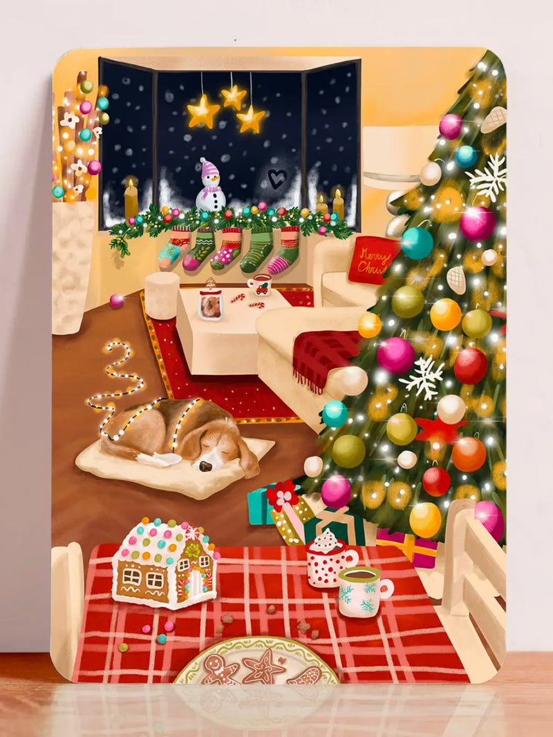 Carte Illustrée Beagle Endormi près du Sapin