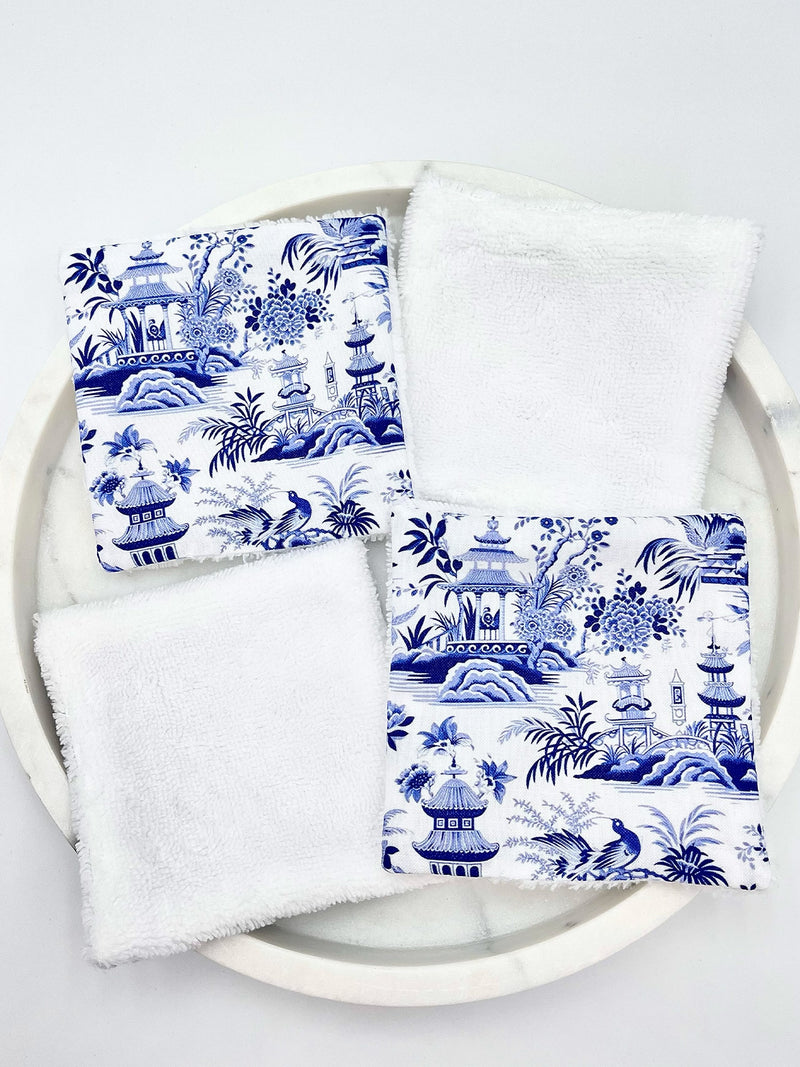 Coton / Lingette Lavable Paysage Asiatique Bleu