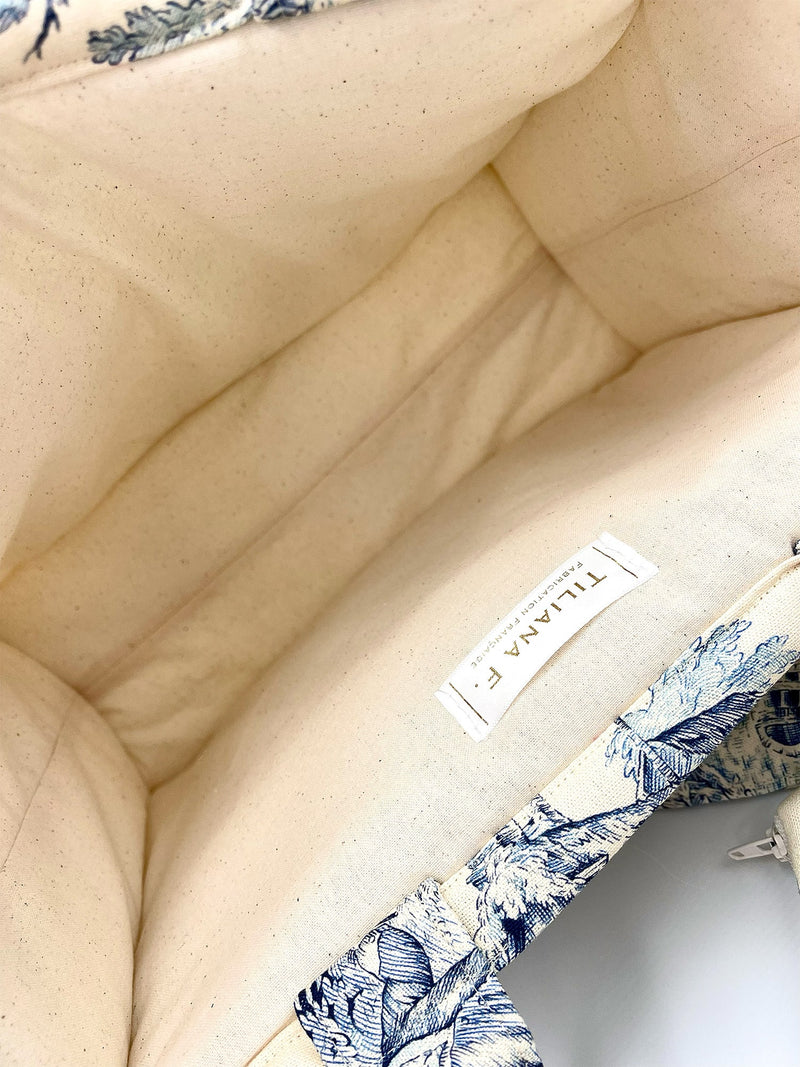 Sac de Taille Moyenne Rembourré en Toile de Jouy Bleue
